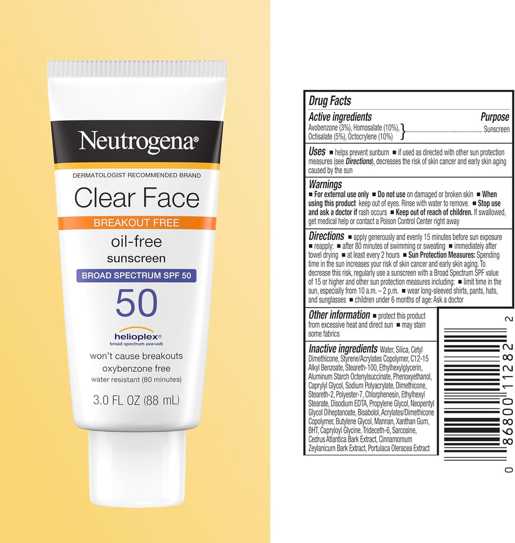 Neutrogena Clear Face Sunscreen Lotion SPF 50, 3 Fl. Oz | for Acne-Prone Skin, Broad Spectrum UVA/UVB Protection, Fragrance-Free, Oxybenzone-Free, Water-Resistant