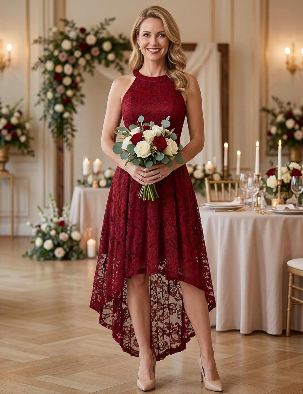 Women Halter Lace Hi Lo Wedding Guest Cocktail Formal Dress | Bridesmaid Wedding Dresses,Sleeveless,Halter Top Neckline,High Low Hem,Elegant a Line Design,Soft Floral Lace Party Dress