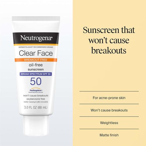 Neutrogena Clear Face Sunscreen Lotion SPF 50, 3 Fl. Oz | for Acne-Prone Skin, Broad Spectrum UVA/UVB Protection, Fragrance-Free, Oxybenzone-Free, Water-Resistant